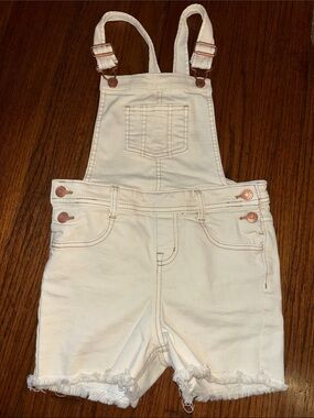 Cat & Jack Cream Denim Short Overalls with Frayed Hem